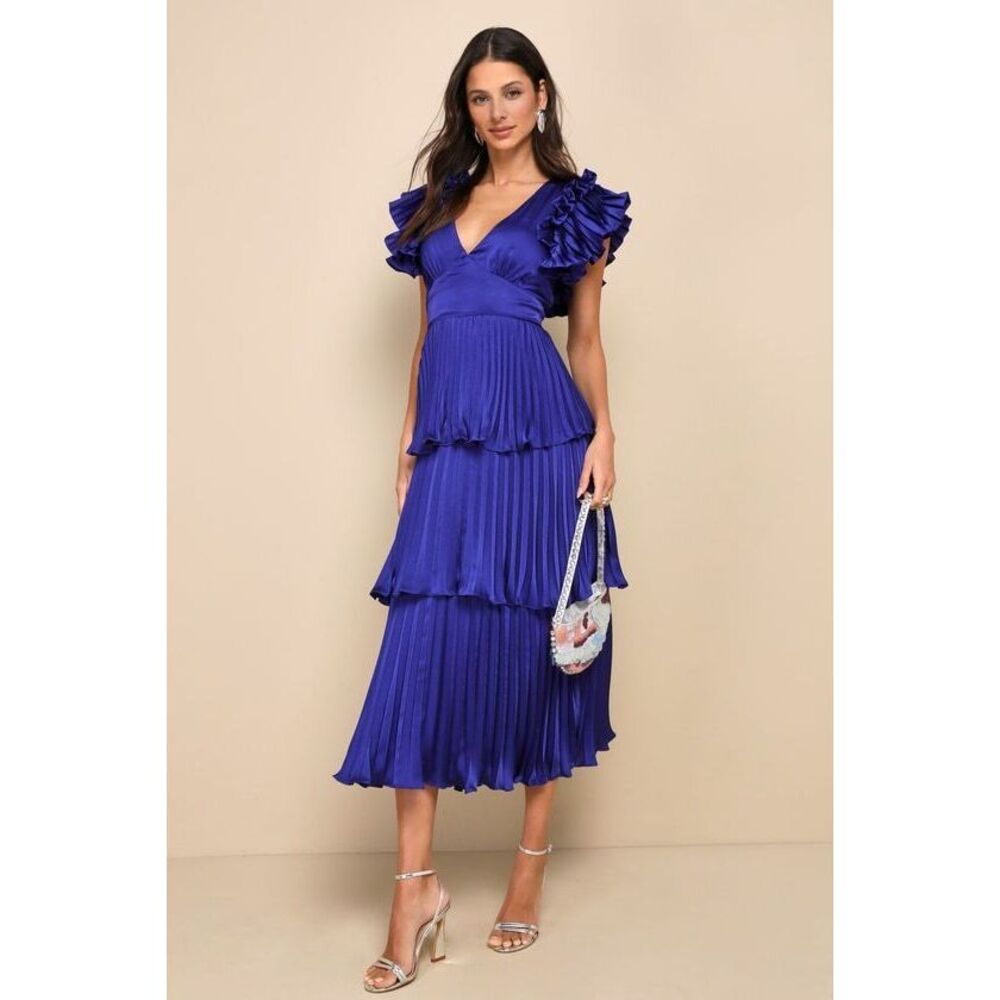 Lulus Stunning Desire Cobalt Blue Satin Pleated Tiered Midi Dress - Size M